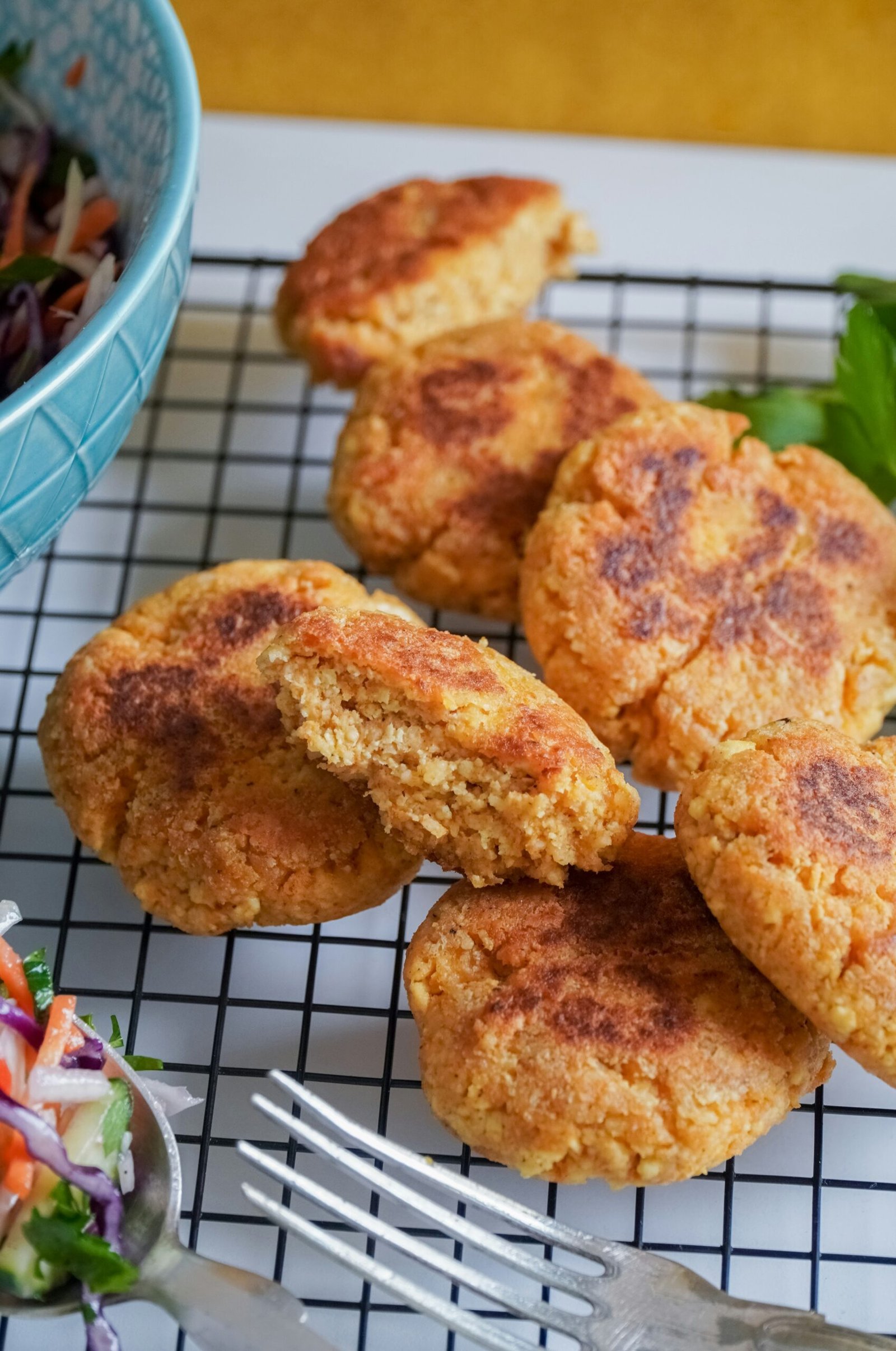 fried food on blue and white ceramic bowl